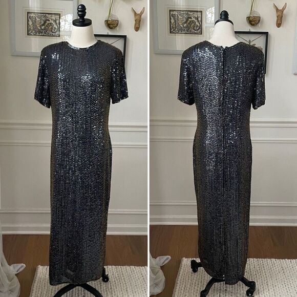 Vintage 80s 90s Modi Silk Heavily Beaded Sequin Dark Blue Amber Dress M 8 10 - Picture 1 of 11